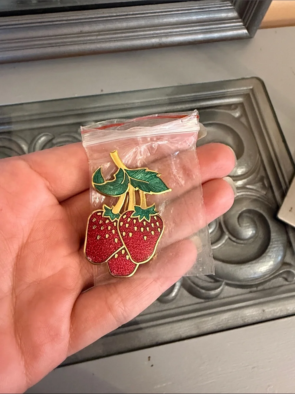 Vintage Triple Strawberries Fish & Crown Strawberry Enamel Pin Red & Green